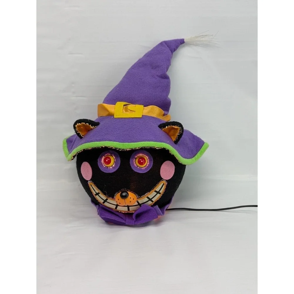 Vtg Gemmy '04 Fiber Optic Haunted Head Black Cat Light Color Change Halloween